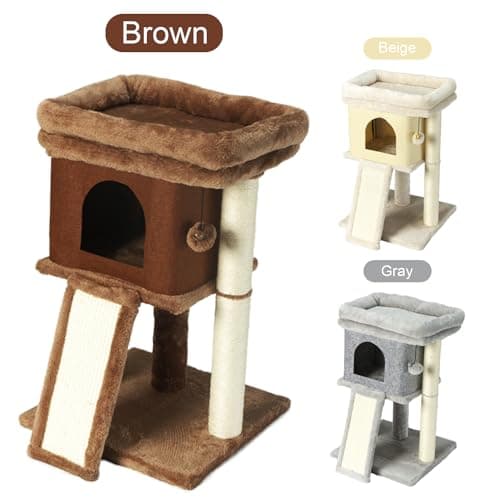 Indoor Cat Tree with Scratching Post and Grooming Brush, Brown