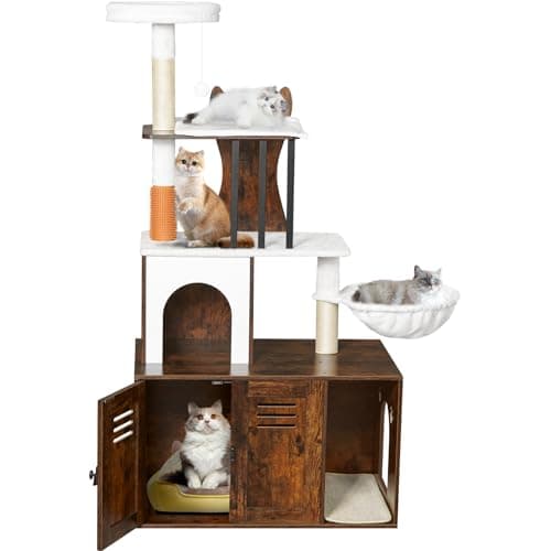 Modern 2-in-1 Cat Tree with Litter Box Enclosure for Indoor Cats, 58.66’’ Wood Condo with Scratching Post and Hammock, Grey — Rustic Brown