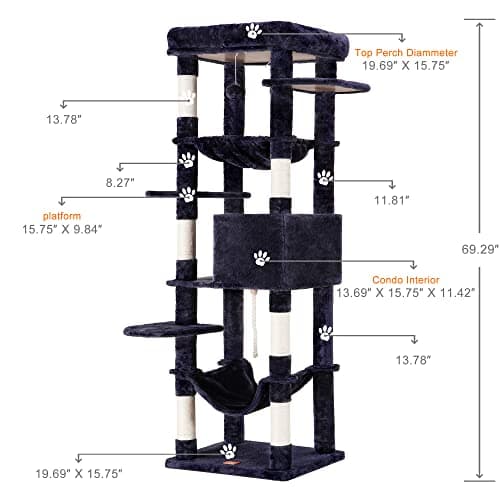XXL Heavy Duty Cat Tree for Large Cats - 69 inches Tall with Multi-Level Furniture and Cozy Basket