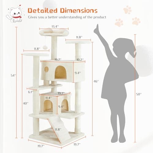 54 Inch Cat Tree Tower, Cozy Hammock & Sisal Scratching Posts, Multi-Level Beige