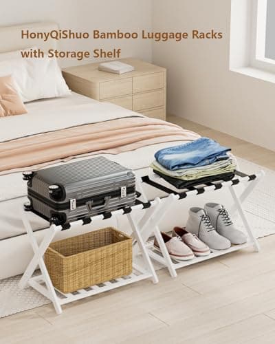 Bamboo Folding Luggage Rack with Magnetic Lock - White