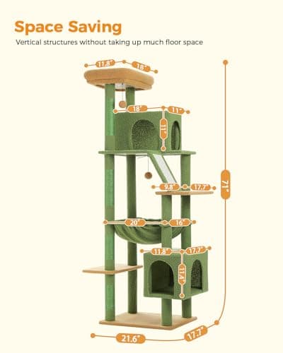 Tall Cat Tree for Large Cats 20 lbs with Hammock & 4 Sisal Posts - Cactus Green
