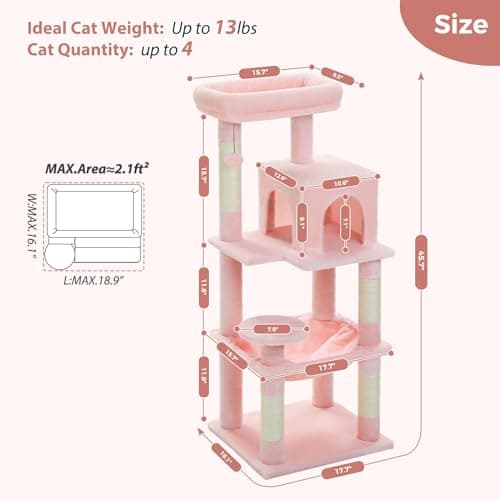 PetepeLA 45.7" 5-Level Cat Tree, Large Hammock & Scratching Posts, Pink
