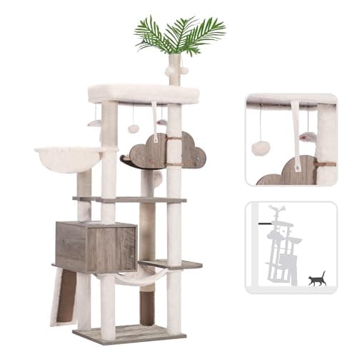 Modern Rustic Gray Cat Tree for Indoor Cats with Self Groomer