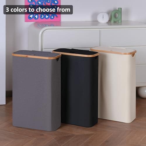 Slim 60L Laundry Hamper with Lid, Bamboo Handle, Grey