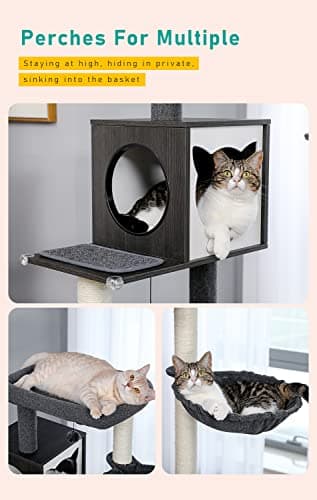 Petepela Large Wood Cat Tree with Litter Box, Storage & Scratching Post, Black