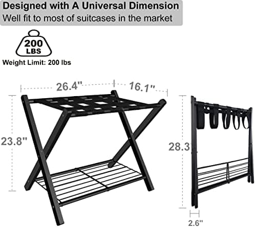 Black Metal Foldable Suitcase Stand with Shelf, 1 Pack