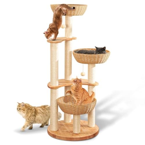 "Luxury Oak Cat Tree Tower for Multiple Cats, Manual Hand Woven, Easy Clean"