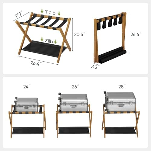 Folding Luggage Rack for Guest Room, Wood Finish - Holds up to 131 lb