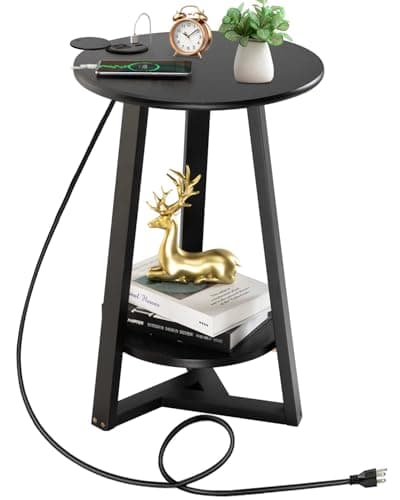 Hadulcet Two-Tier White Side Table for Living Room & More — Black With Charging Station