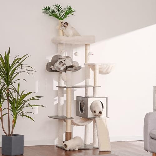 Modern Rustic Gray Cat Tree for Indoor Cats with Self Groomer