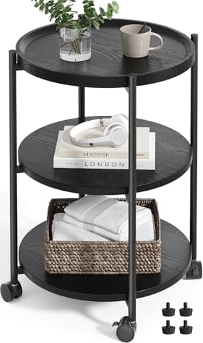 Modern 3-Tier Side Table with Wheels, Black, for Living Room or Bedroom