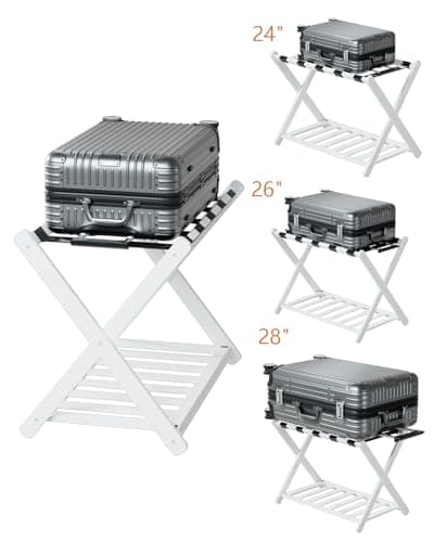 Bamboo Folding Luggage Rack with Magnetic Lock - White