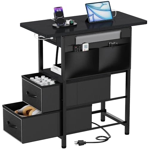 Narrow Side Table with Charging Station for Living Room and Bedroom — Black