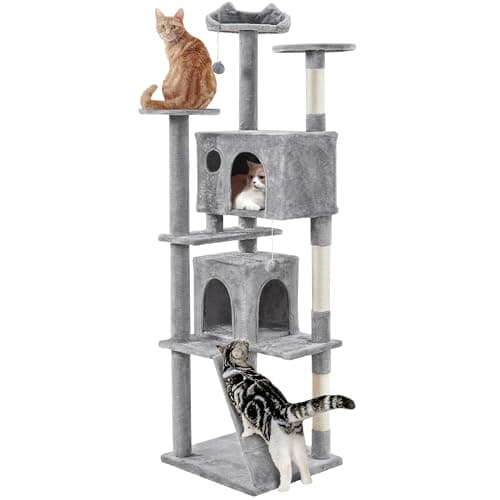 54in Multi-Level Cat Tree Tower for Indoor Cats with Scratching Posts and Dangling Balls, Pink — Light Gray
