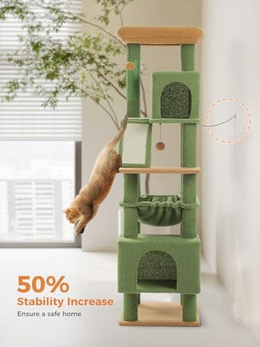 Tall Cat Tree for Large Cats 20 lbs with Hammock & 4 Sisal Posts - Cactus Green