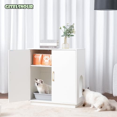 Modern White Cat Litter Box Enclosure with Hidden Storage & Side Table GCLB003WT
