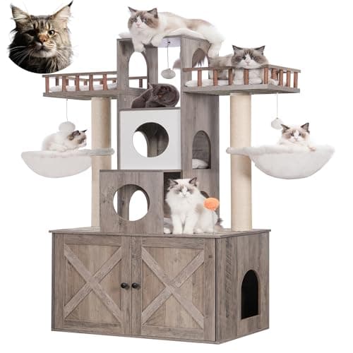 Modern Cat Tree with Litter Box for Large Indoor Cats, Rustic Gray