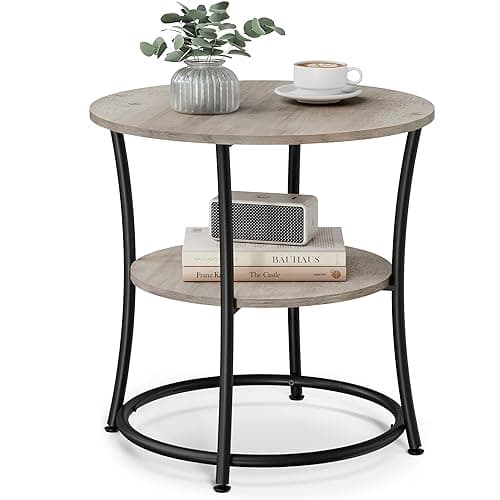 VASAGLE Round End Table with 2 Shelves for Living Room, Bedroom & Nightstand, Rustic Brown & Ink Black — Greige + Ink Black