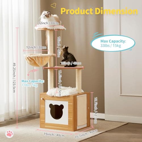 Modern 2-in-1 Cat Tower for Indoor Cats, 48.6 Wood Kitten Condo with Litter Box Enclosure and Scratching Post