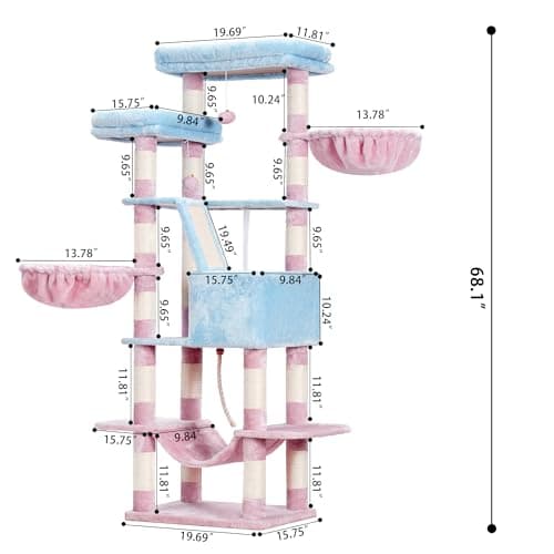 68 inch Multi-Level Cat Tower for Indoor Cats with Scratching Board & Caves, Blue/Pink