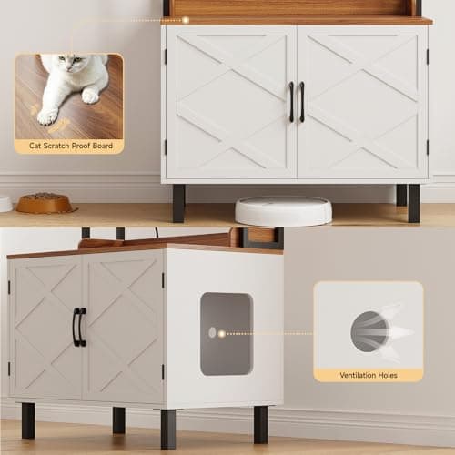 White 55 Inch Cat Litter Box with Storage & Charging, Wooden House for Livingroom & Entryway