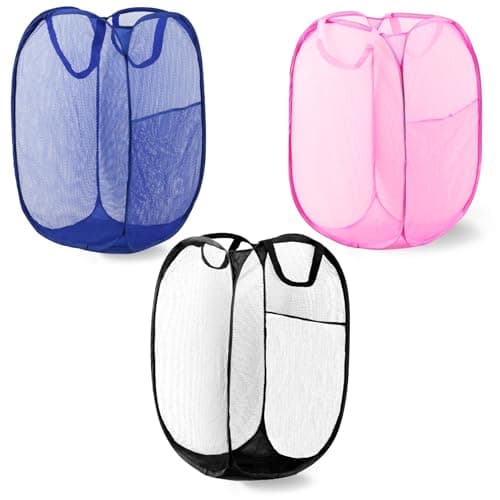 Collapsible Pink Pop Up Laundry Hamper for Travel and Storage — 3P Black+Pink+Blue