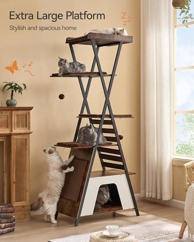 FourFurPets Modern 72.4" Multi-Level Cat Tree with Caves & Scratching Board, Rustic Brown