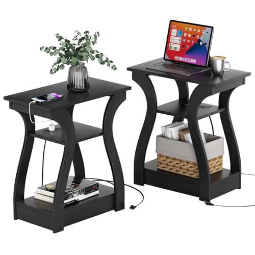 White End Table with Charging Station for Living Room and Bedroom Storage Shelf — Black