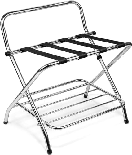 Double Tier Luggage Rack with High Back, Chrome, Assembly Included, Foldable Guest Room Organizer