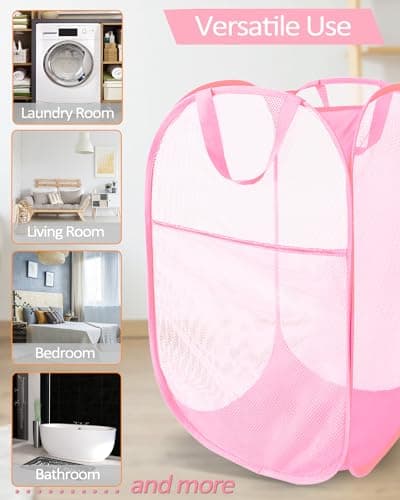 Reinforced Pink Collapsible Laundry Hamper with Side Pocket & Carry Handles
