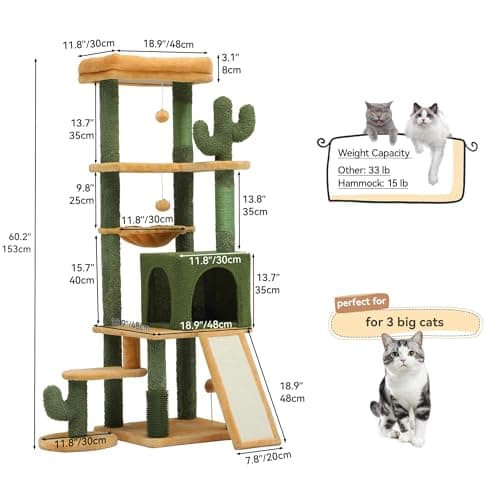 YITAHOME Tall Cactus Cat Tree Tower with Dangling Ball