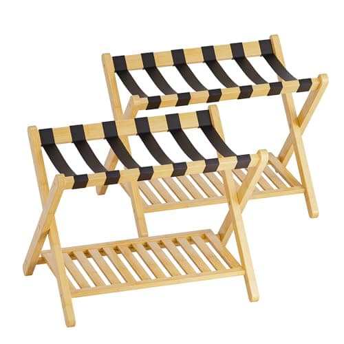 SMIBUY Foldable Bamboo Luggage Rack with Storage, Set of 2 (Natural)