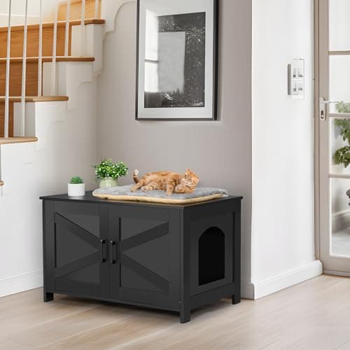 Homedy Black Wooden Cat Washroom with Barn Door, Fit Most Litter Box