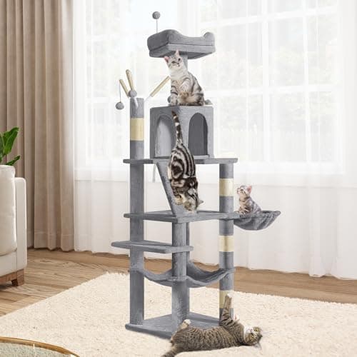 YITAHOME Beige 44in Multi-Level Indoor Cat Tree with Scratch Posts & Hammock — Light Gray