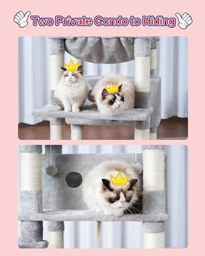 Large Multi-Level Cat Tree for Indoor Cats with 3 Platforms and 2 Condos in Light Gray