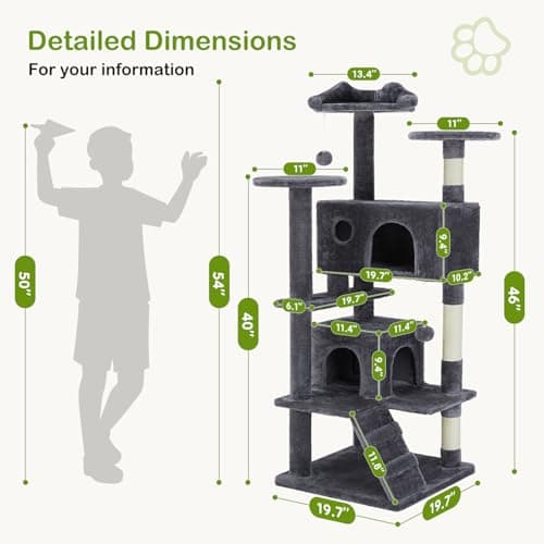 DUMOS 54-inch Multi-Level Indoor Cat Tree with Condos & Scratch Posts – Dark Grey