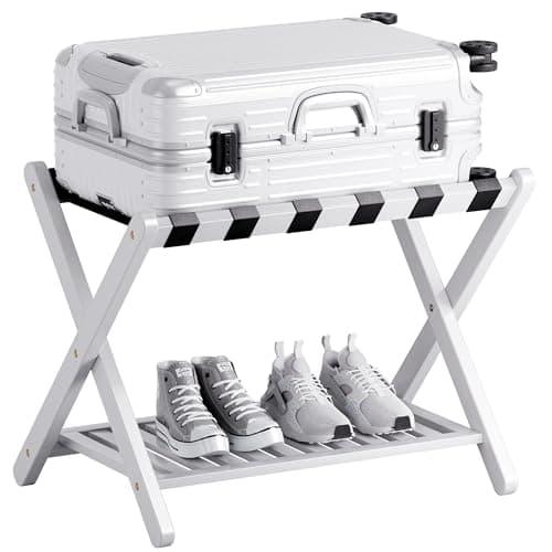 SMIBUY Natural Foldable Bamboo Luggage Rack with Storage Shelf — White