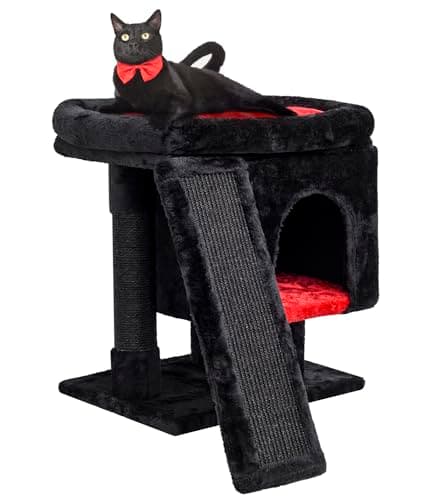 SYANDLVY Indoor Cat Tree for Large Adults with Scratching Post and Activity Tower (Smoky Grey) — Black & Red