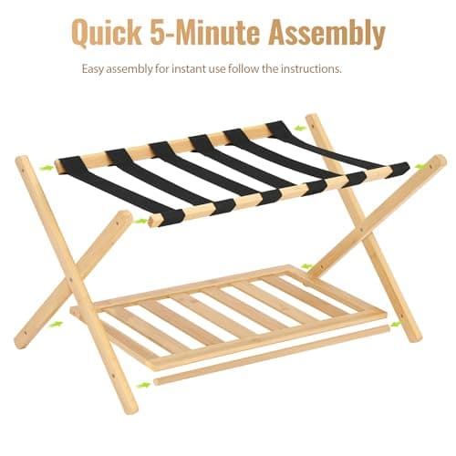 2-Pack Foldable Bamboo Suitcase Stand with Storage Shelf, 6 Nylon Straps, Ideal for Hotel Rooms