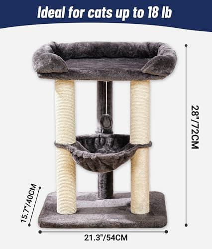 Happi N Pets 28" Tall Cat Tree Tower for Maine Coon, Sisal Scratcher & Soft Perch-Gray