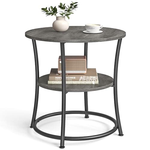 VASAGLE Round End Table with 2 Shelves for Living Room, Bedroom & Nightstand, Rustic Brown & Ink Black — Misty Gray + Ink Black