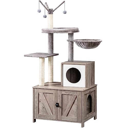 HOOBRO White Cat Tree Tower with Litter Box Enclosure WT15MZ03 — Greige