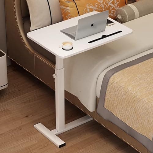 White Adjustable Overbed Table with Hidden Wheels & Cup Holder