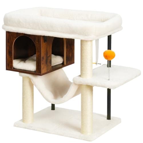 Heybly Modern Wooden Cat Tree with 3 Scratching Posts & Rustic Gray Condo HCT007SSG — Rustic Brown