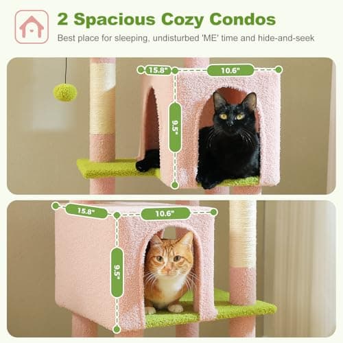 Indoor Cat Tree with 2 Condos & 4 Scratching Posts, 62" Multi-Level Tower, Pink