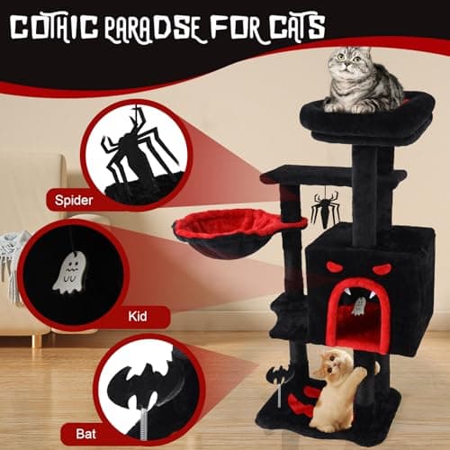 Large GothicCat Tree with Coffin Bed & Scratching Post, Tall Black Kitten Tower
