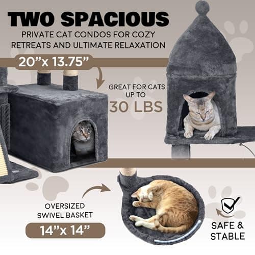 Large Cat Tree Tower, Scratching Post & Grooming Station, 72", Dark Grey