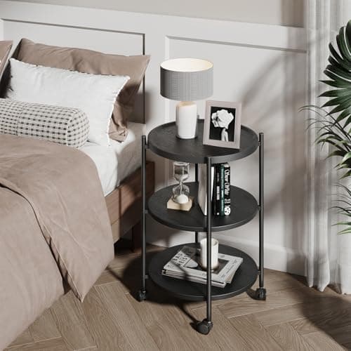 Modern 3-Tier Side Table with Wheels, Black, for Living Room or Bedroom