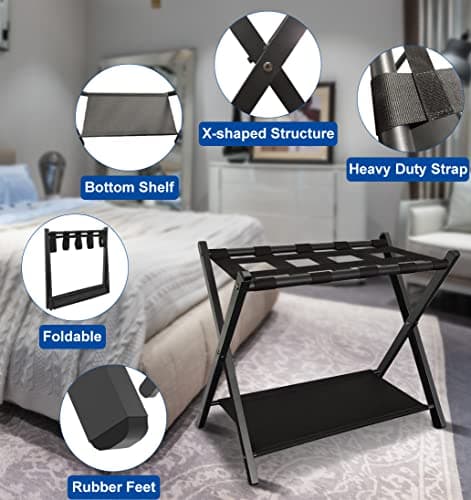 Black Foldable Suitcase Stand with Shelf, Hotel Guest Room Essential, 1 Pack